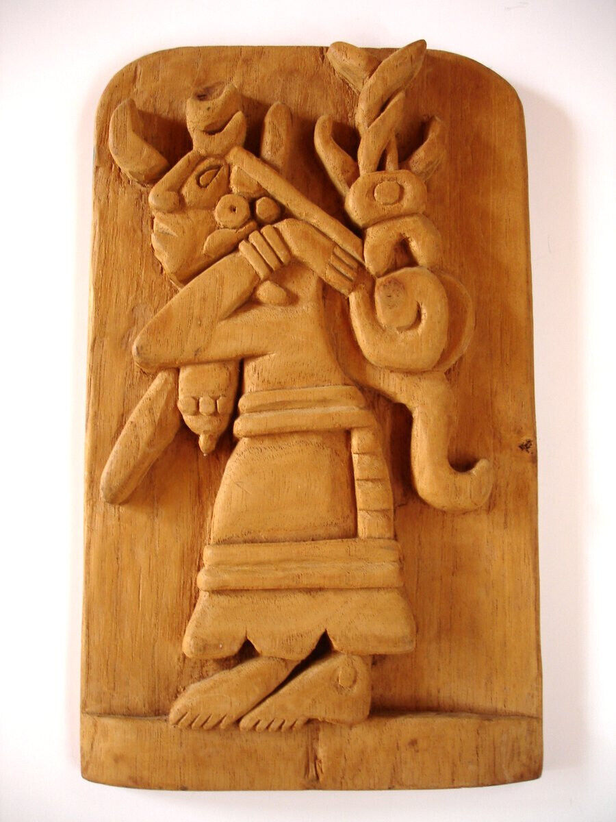 Vintage Carved Ixchel, Mayan Moon Goddess Hand Carved Wood Folk Art Plaque