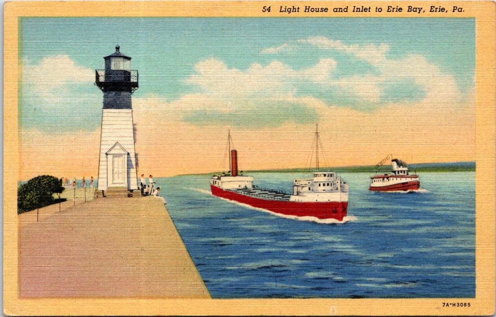 Postcard Erie Lighthouse Inlet Bay Fishing Boats Barges PA D38