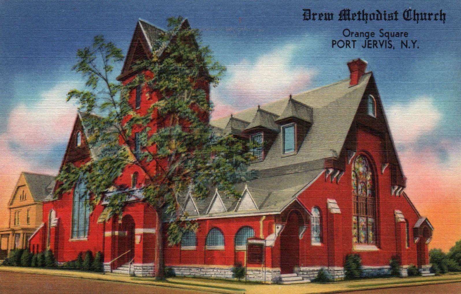 Port Jervis New York NY Drew Methodist Church Linen Vintage Postcard