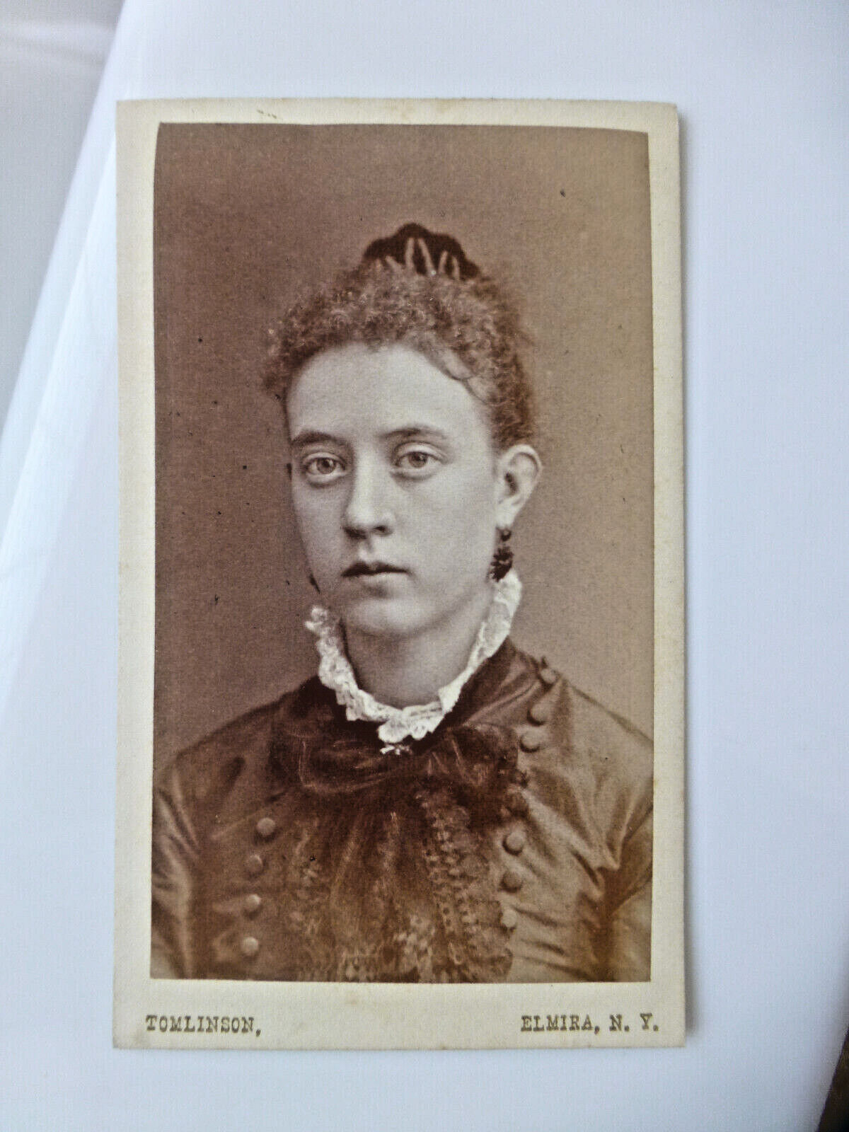 Antique CDV Cabinet Photo Young Woman Large Sad Eyes Hair Comb ELMIRA NY