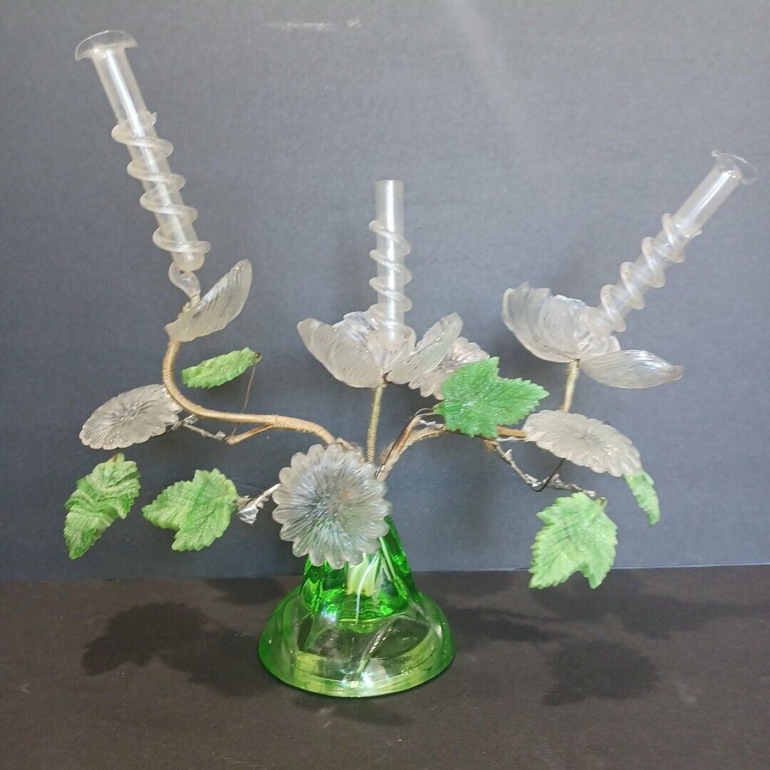 Rare Vintage Green Uranium Glass Base Clear Lucite Flower Bud Vase