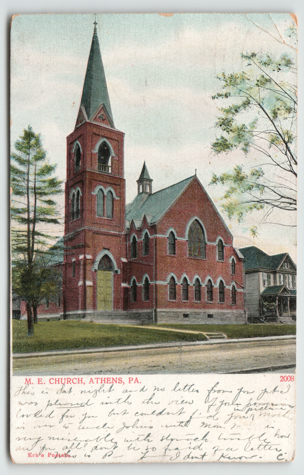 Postcard Vintage 1908 M.E. Church in Athens, PA