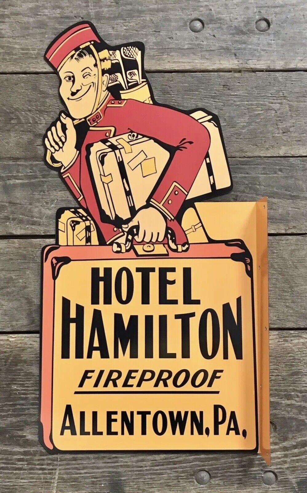 HAMILTON HOTEL “Fireproof”, Allentown, PA, Metal Flange Sign, 23.5” x 12”