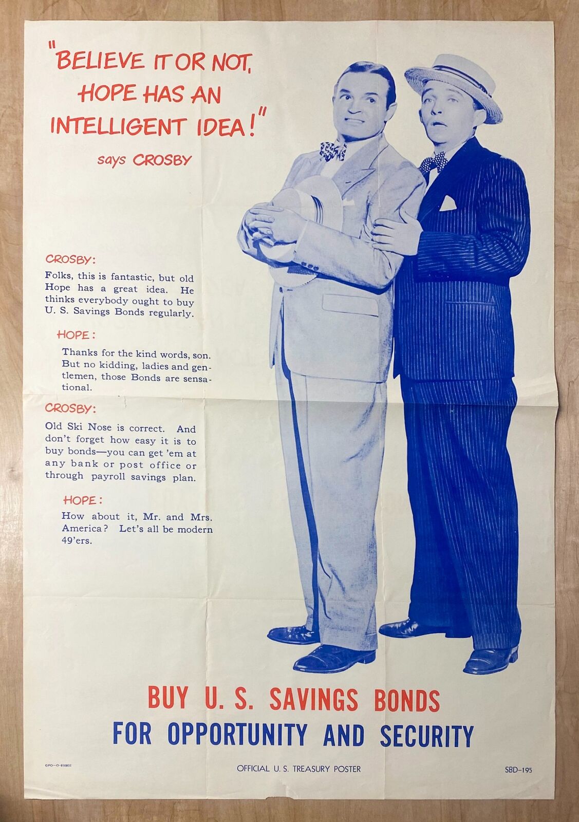 c.1940s Bob Hope Bing Crosby Buy U.S. Savings Bonds Poster Treasury Vintage RARE