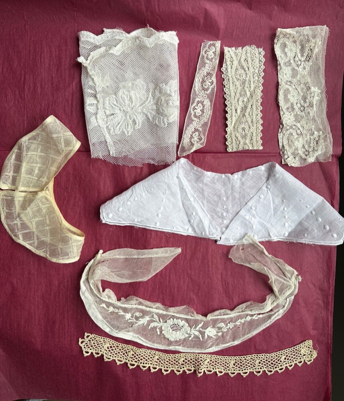 LOT of 8 French Antique Lace Edging, samples, collar, embroidered passe (flower)