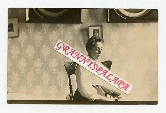 Vintage Real  Photo Postcard - HEBER Family (Alice) - Lady Sitting inside home