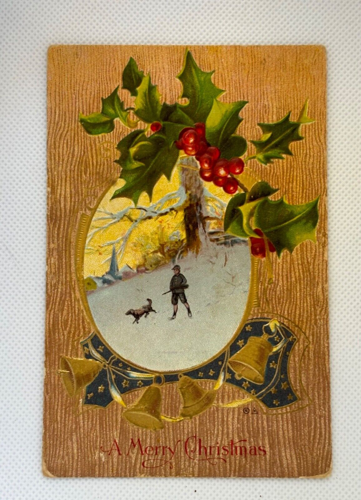 1916 Embossed Christmas Card Hunter in Forest Scene