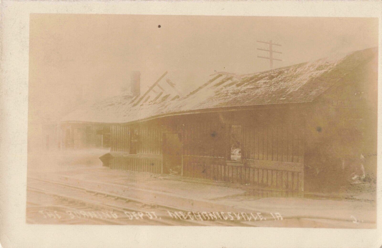 Burning Railroad Depot Fire Mechanicsville Pennsylvania PA c1910 Real Photo RPPC