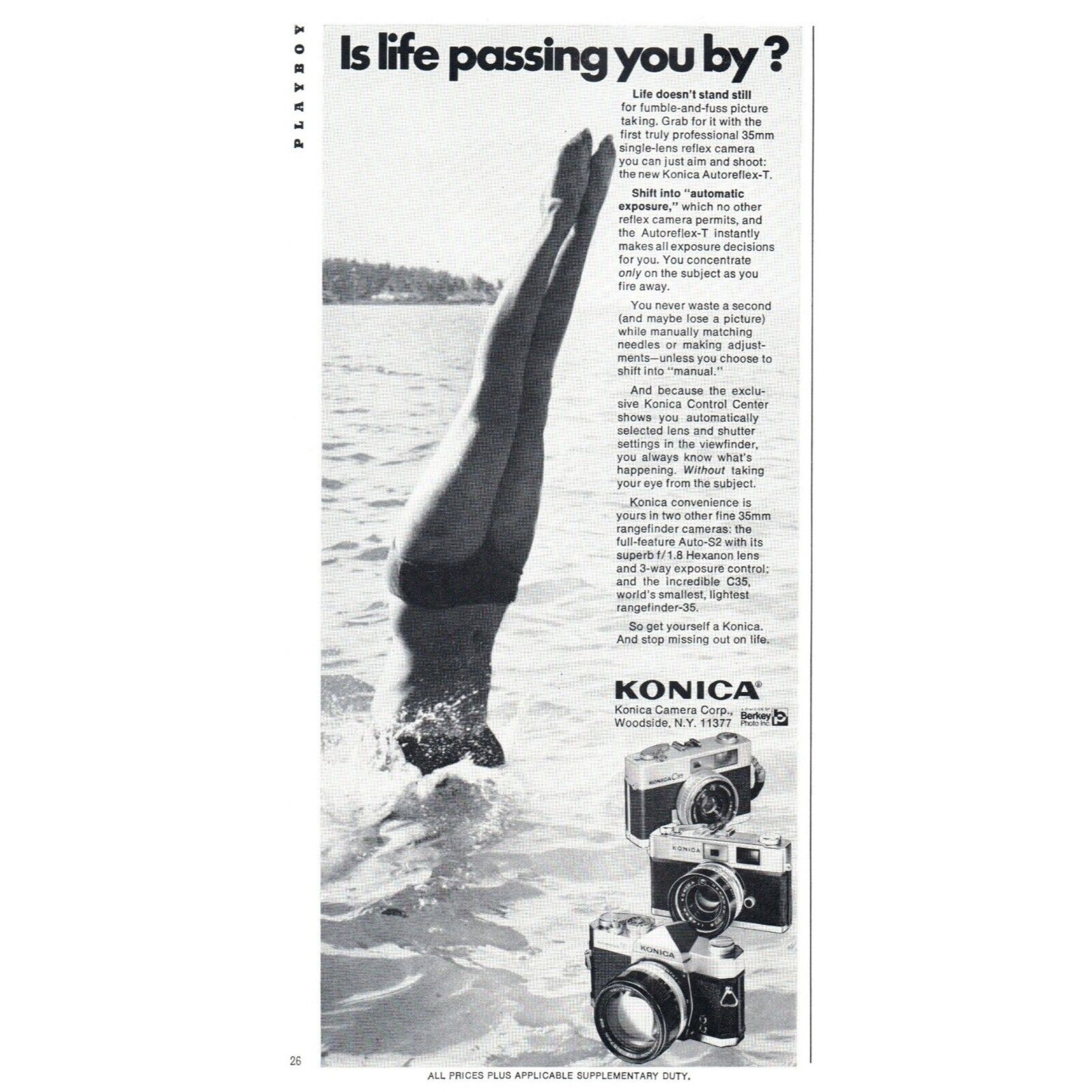 1971 Konica Film SLR Camera Vintage Print Ad Bikini Diving Legs Lake Wall Art