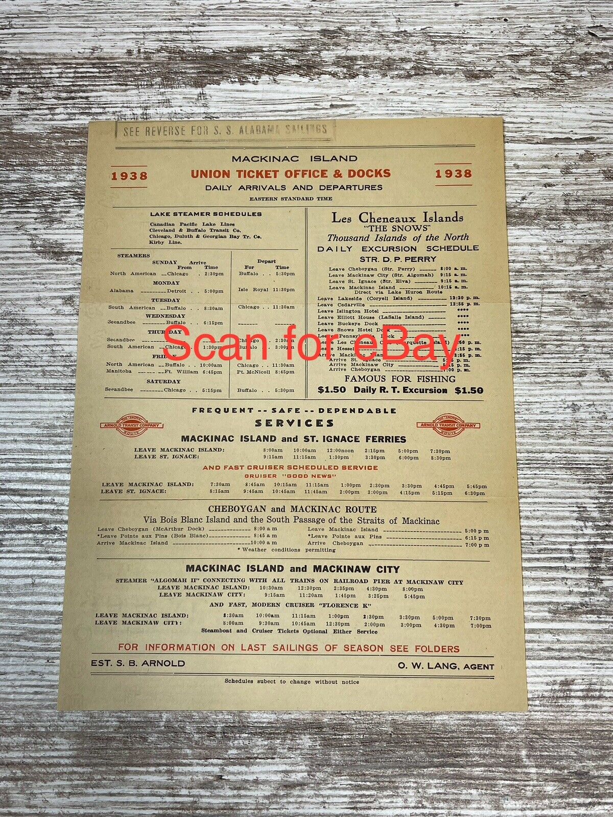Vtg 1938 Mackinac Island Schedule Union Ticket Docks Arnold Transit S.S. Alabama