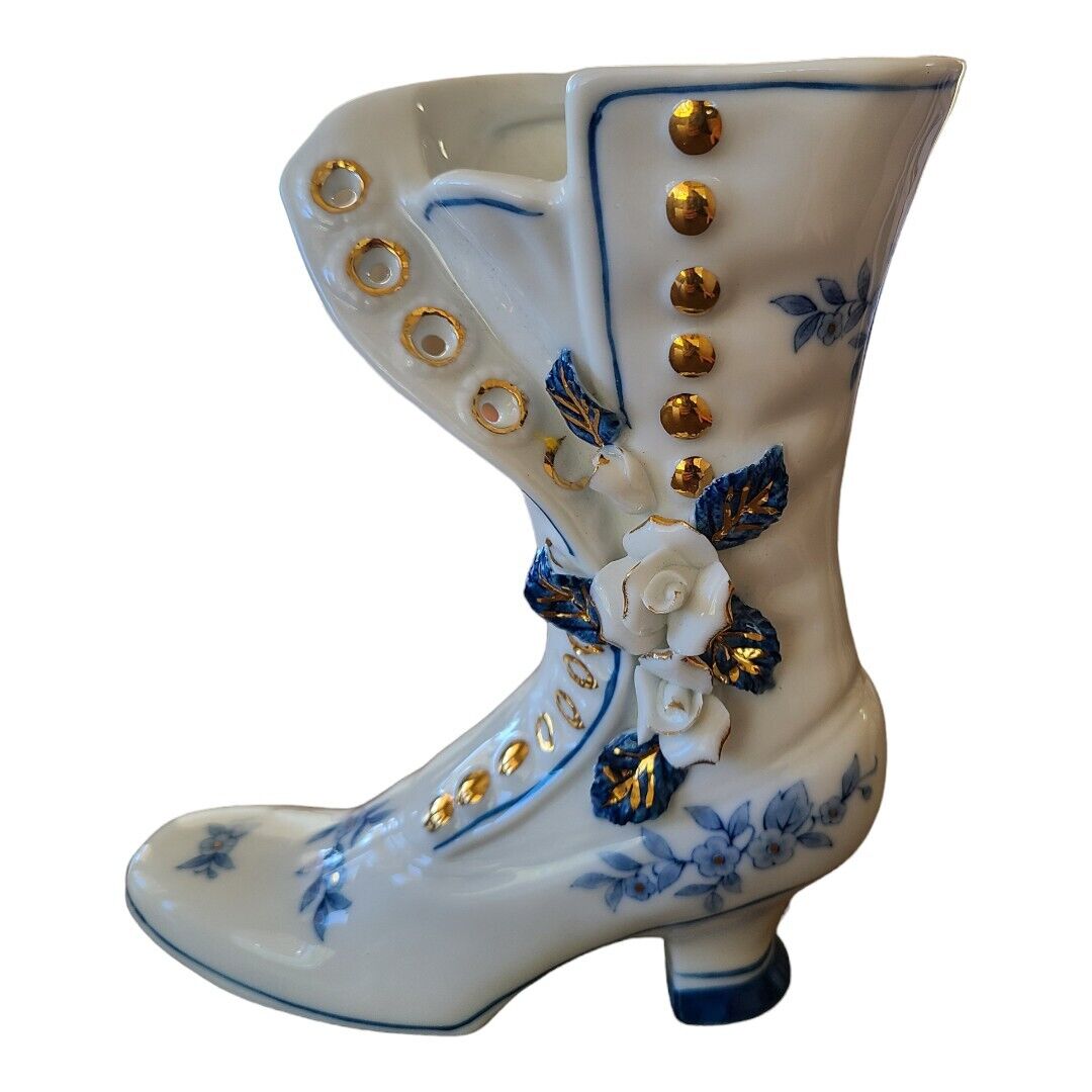 Victorian Style Boot Shoe Figurine Blue and White