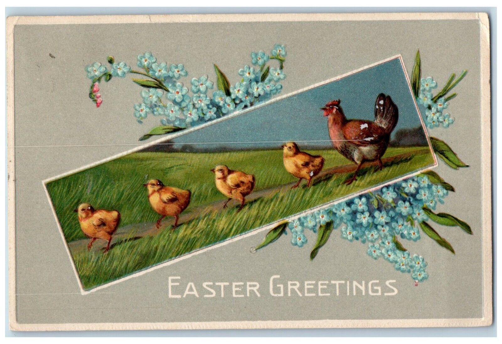 1911 Easter Greetings Chicken Hen Pansies Flowers DPO East Greenbush NY Postcard