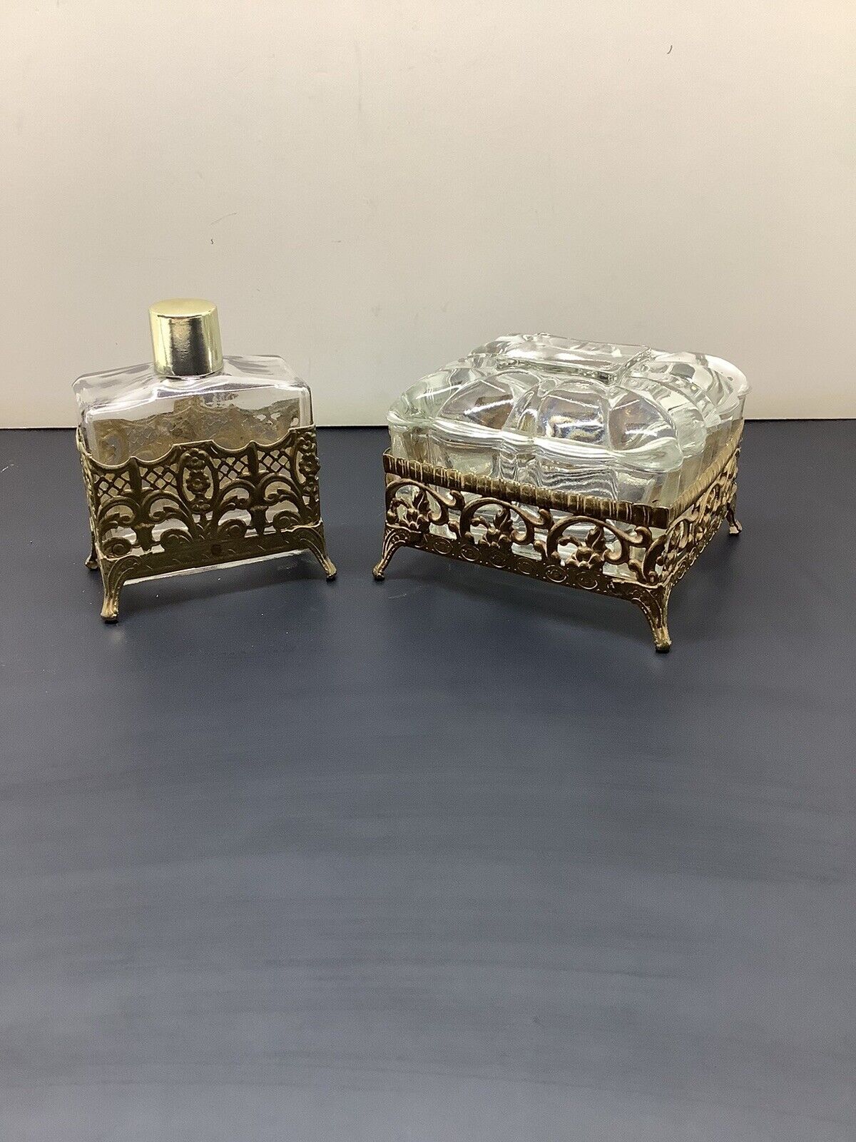 Vtg Ormolu Filigree Vanity Set Powder Trinket Box & Perfume Lotion Bottle 