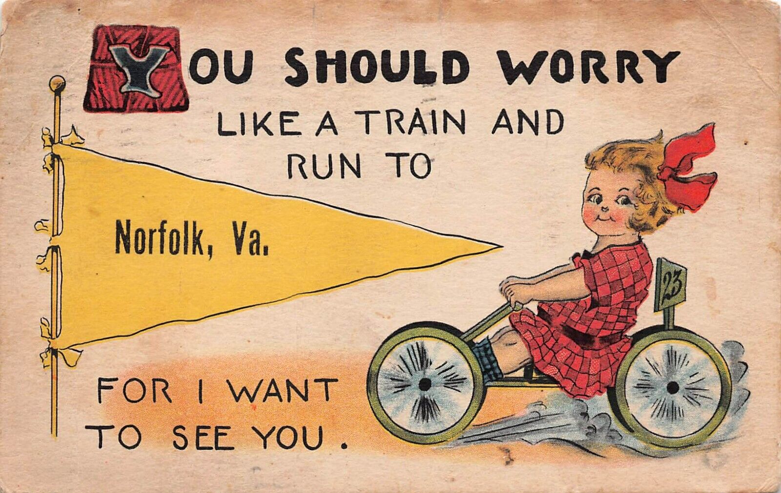 Norfolk VA Virginia Pennant Train Girl on Bike Motorcycle Race Vtg Postcard B7
