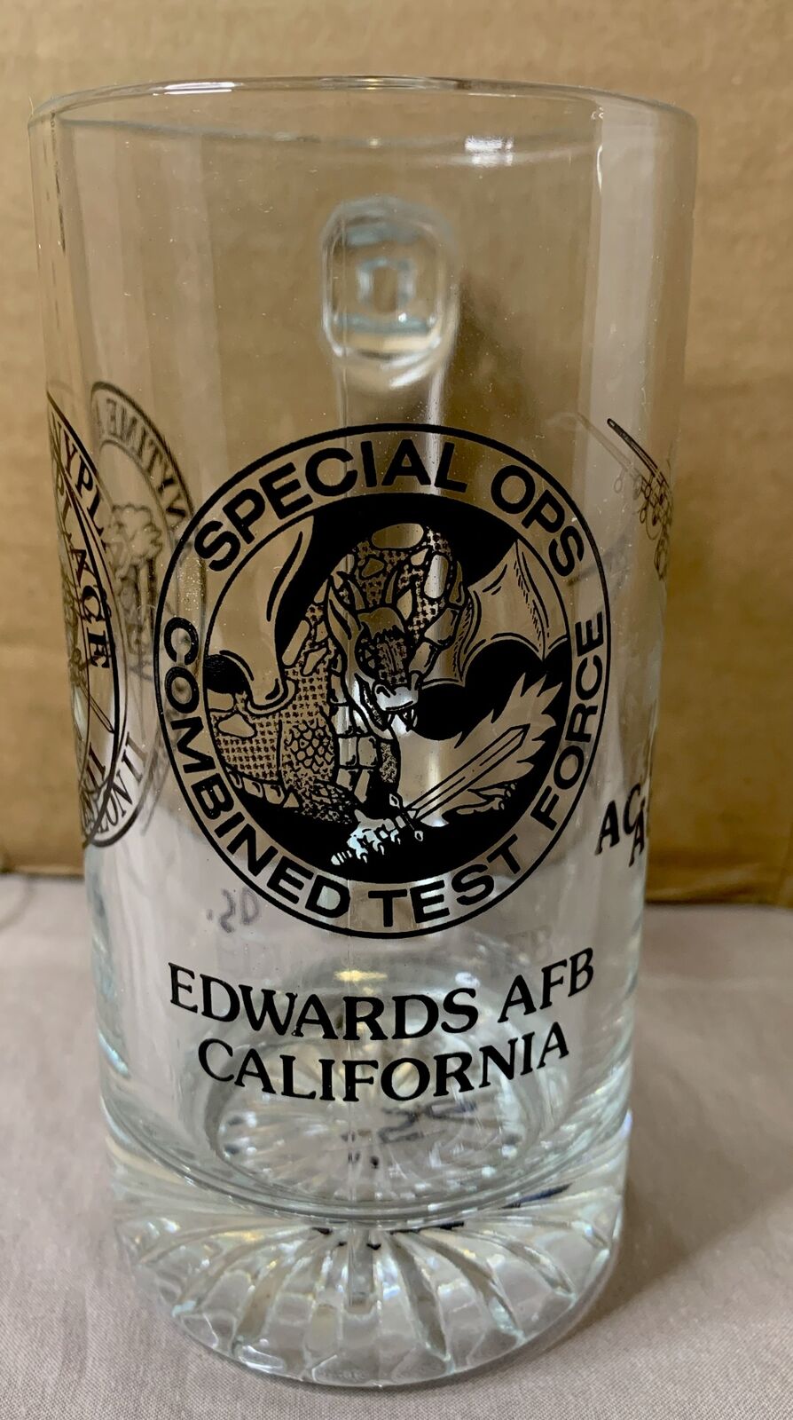 Edward’s Air Force Base Ca. Special Ops/Anytime Anyplace…/Clear Glass Beer Stien