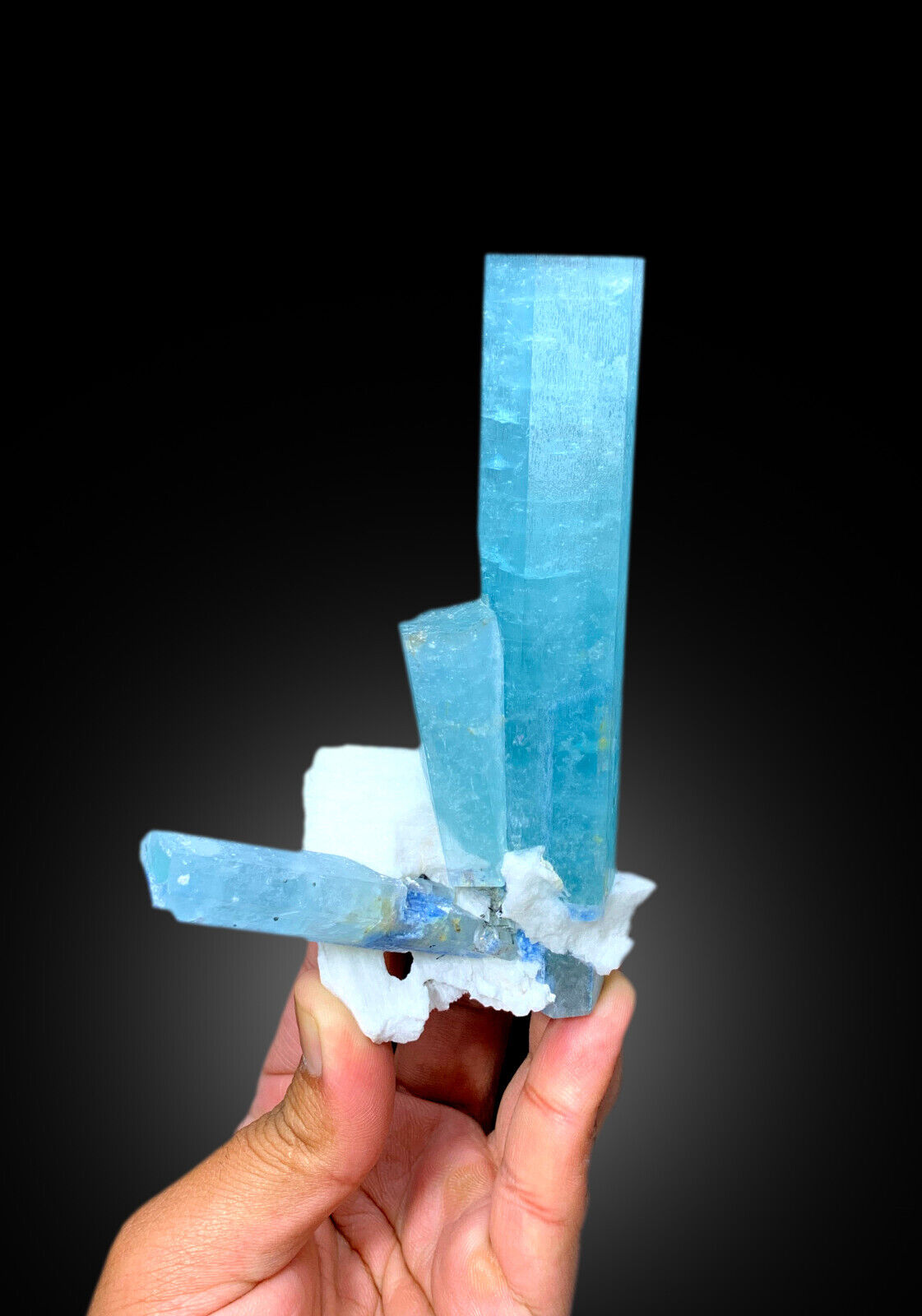 Exquisite Museum Grade Sky Blue Aquamarine Crystals with Ferberite and Feldspar