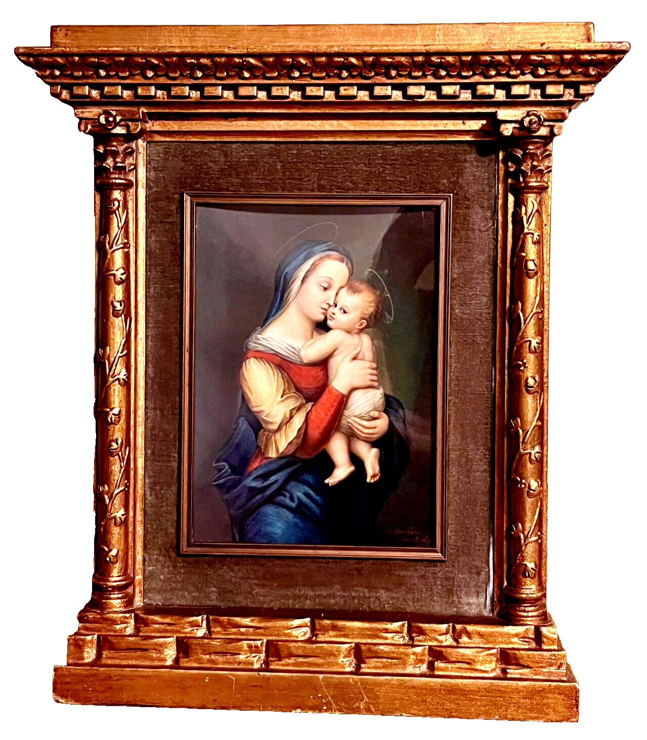 beautiful 1800s french TABERNACLE MADONNA AND CHILD ICON PAINTING- J. DOUILLARD