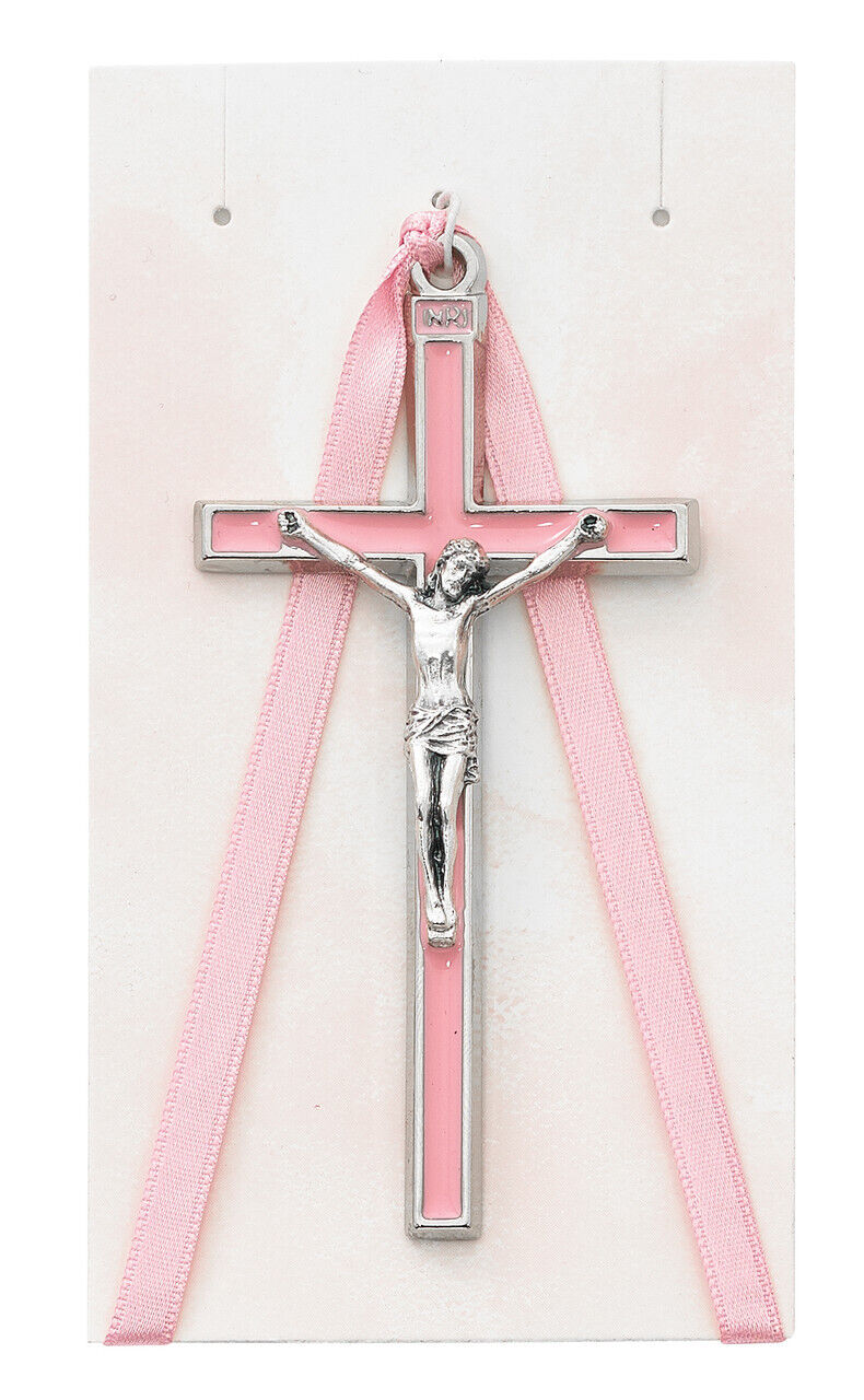 Silver Oxidized Pink Enamel Crib Cross 3.75 Inch INRI Crucifix with Pink Ribbon