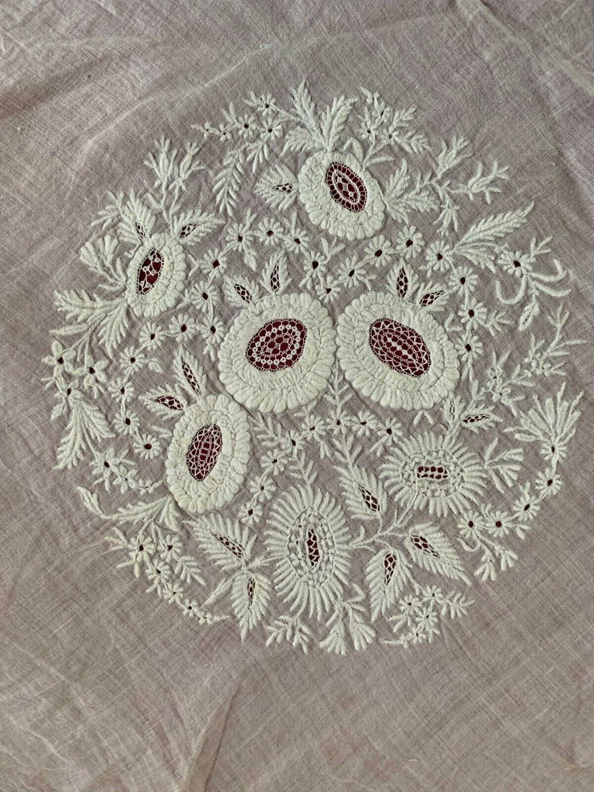 Gorgeous French Antique Hand Embroidered FOND DE BONNET on Muslin (1850s-1860\'s)