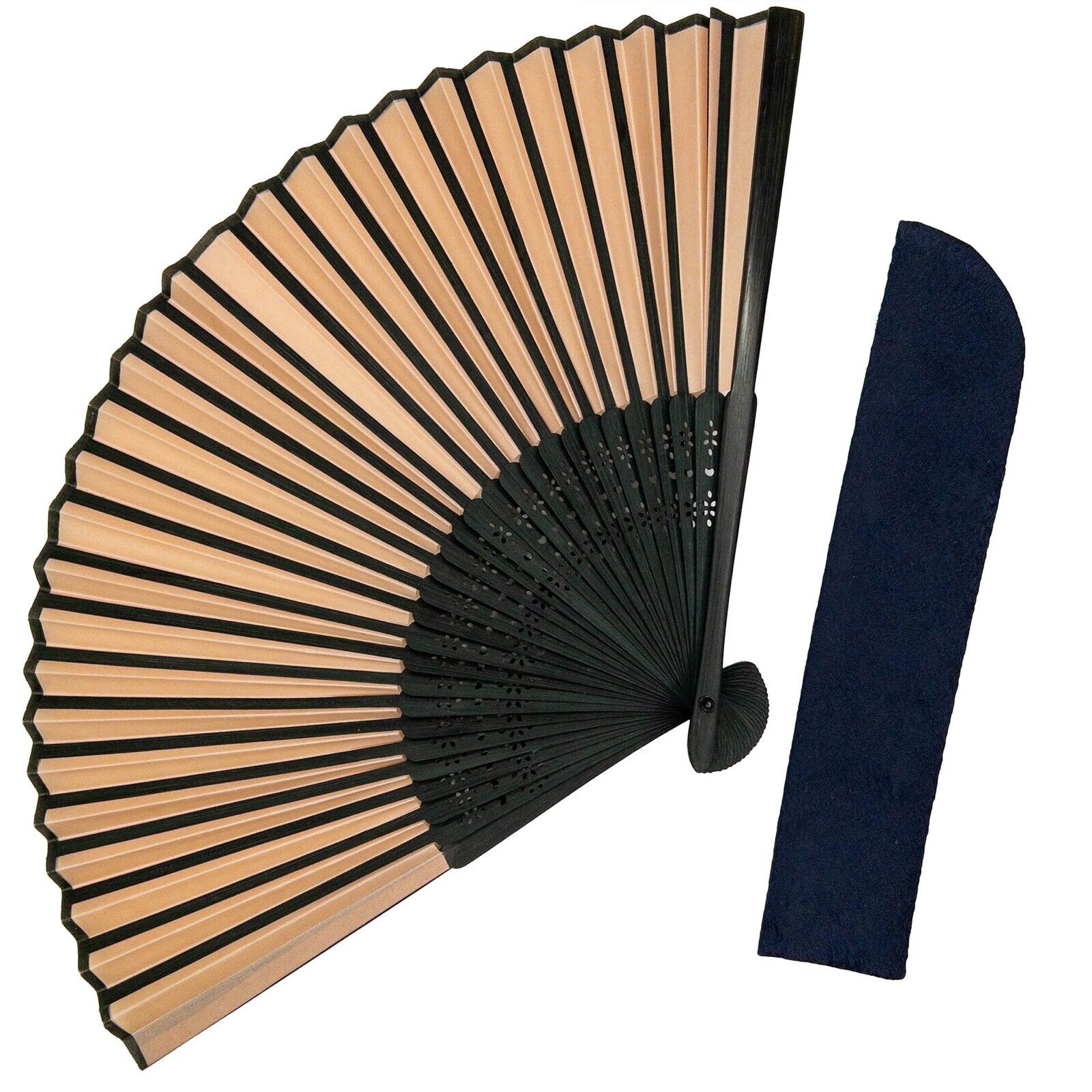 VTG Unused Japanese Die-Cut Bamboo & Brown Silk Sensu Folding Fan & Case Mar24-D