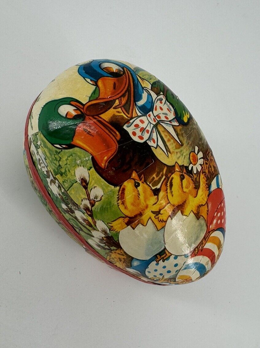Vintage Paper Mâché Easter Egg Proud Parents Ducklings Image / West Germany 6in