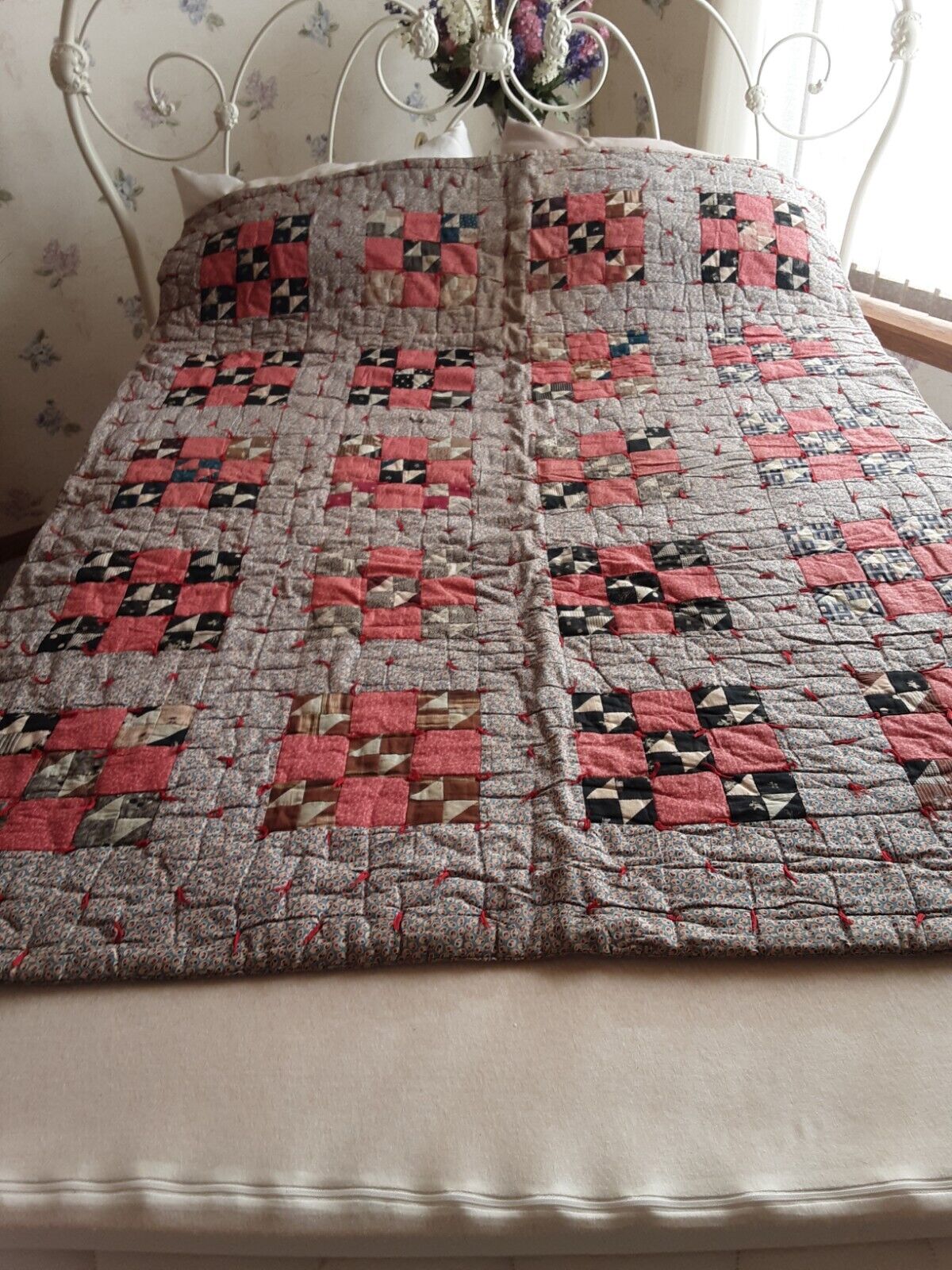 Antique 1890\'s Handmade 9 Patch Variation Quilt Coral Brown