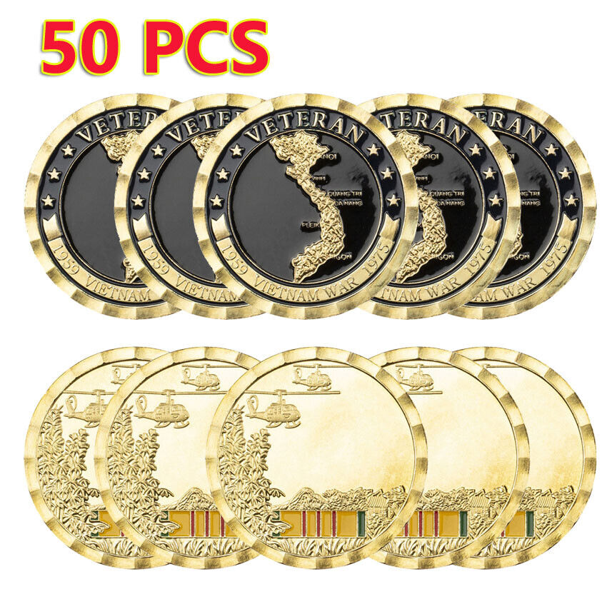 50PCS 1959-1975 Vietnam War Gold Challenge Coin Veteran Military Commemorative
