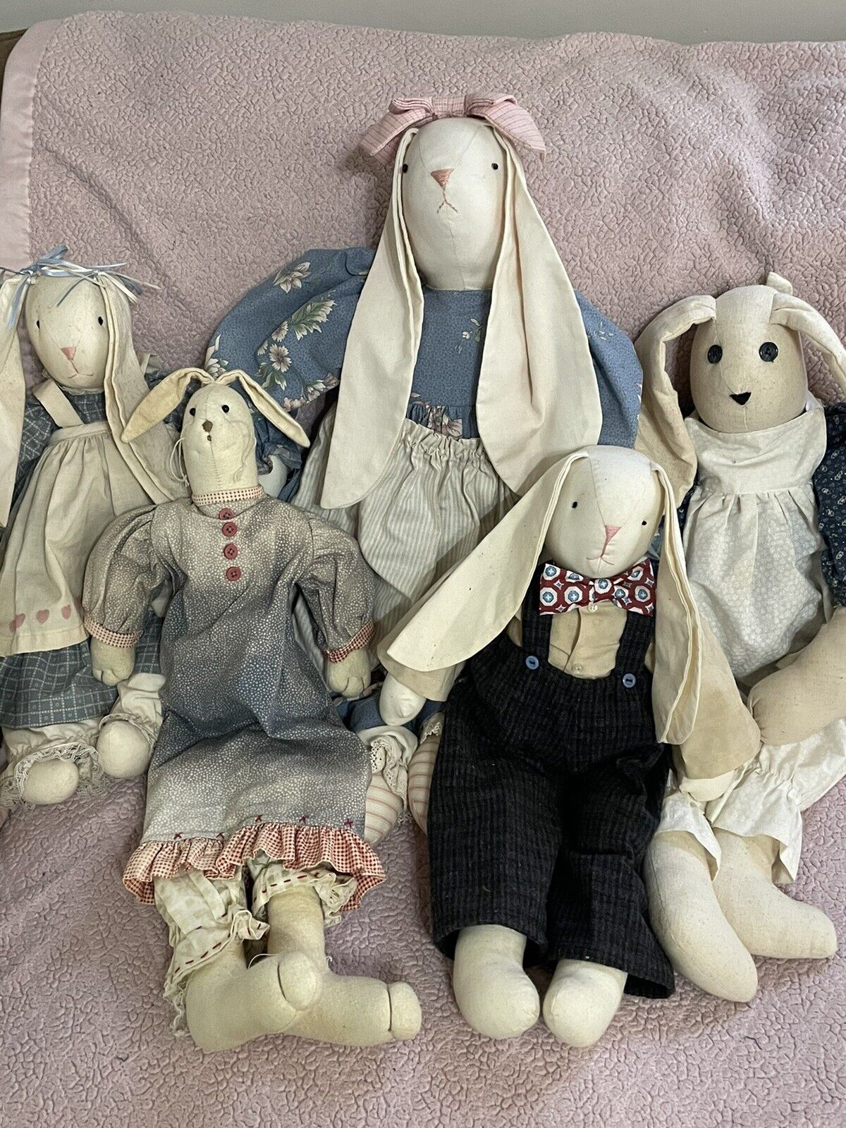 Vintage Farmhouse Primitive Bunnies /Easter, Cloth Handmade, Set Of 5