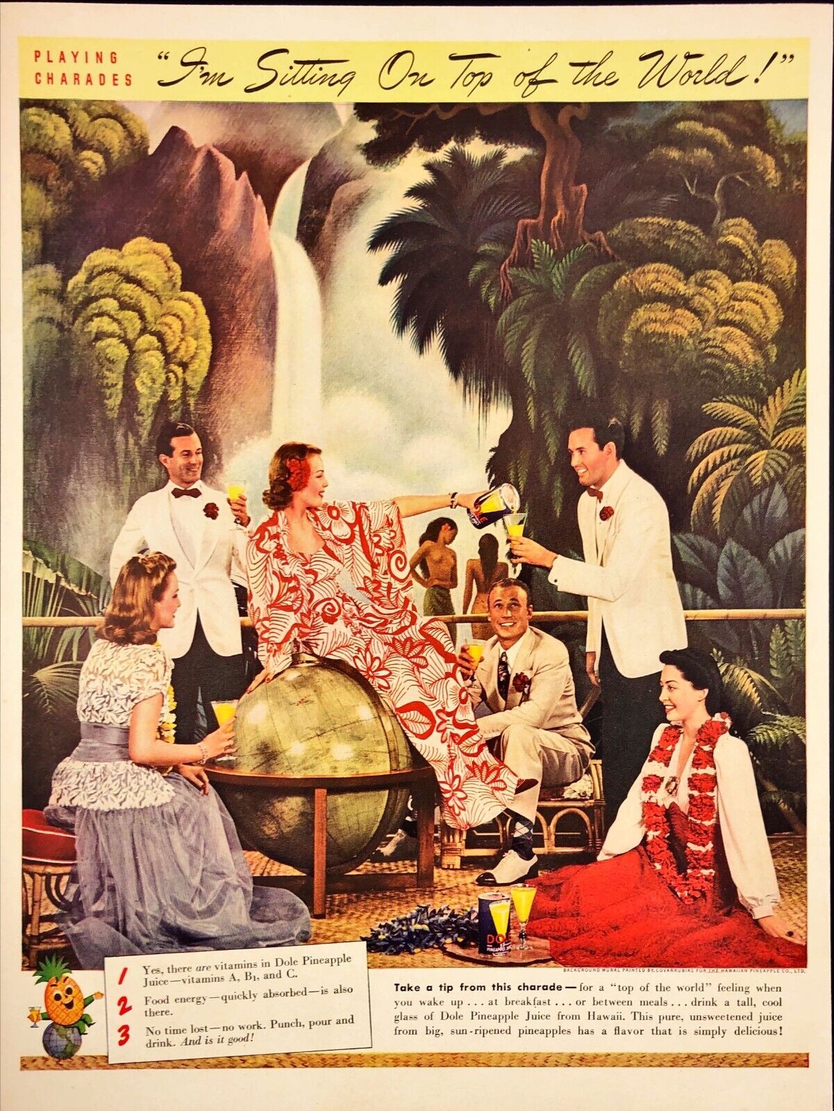 1941 Dole Pineapple Juice Hawaii Scenery Group Playing Charades Vintage Print Ad