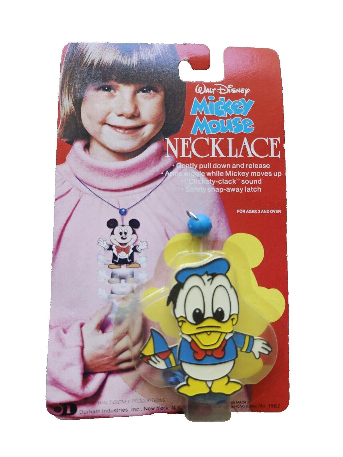 Donald Duck Wiggle Necklace Walt Disney NEW SEALED 1980s Durham Ind Mickey Mouse