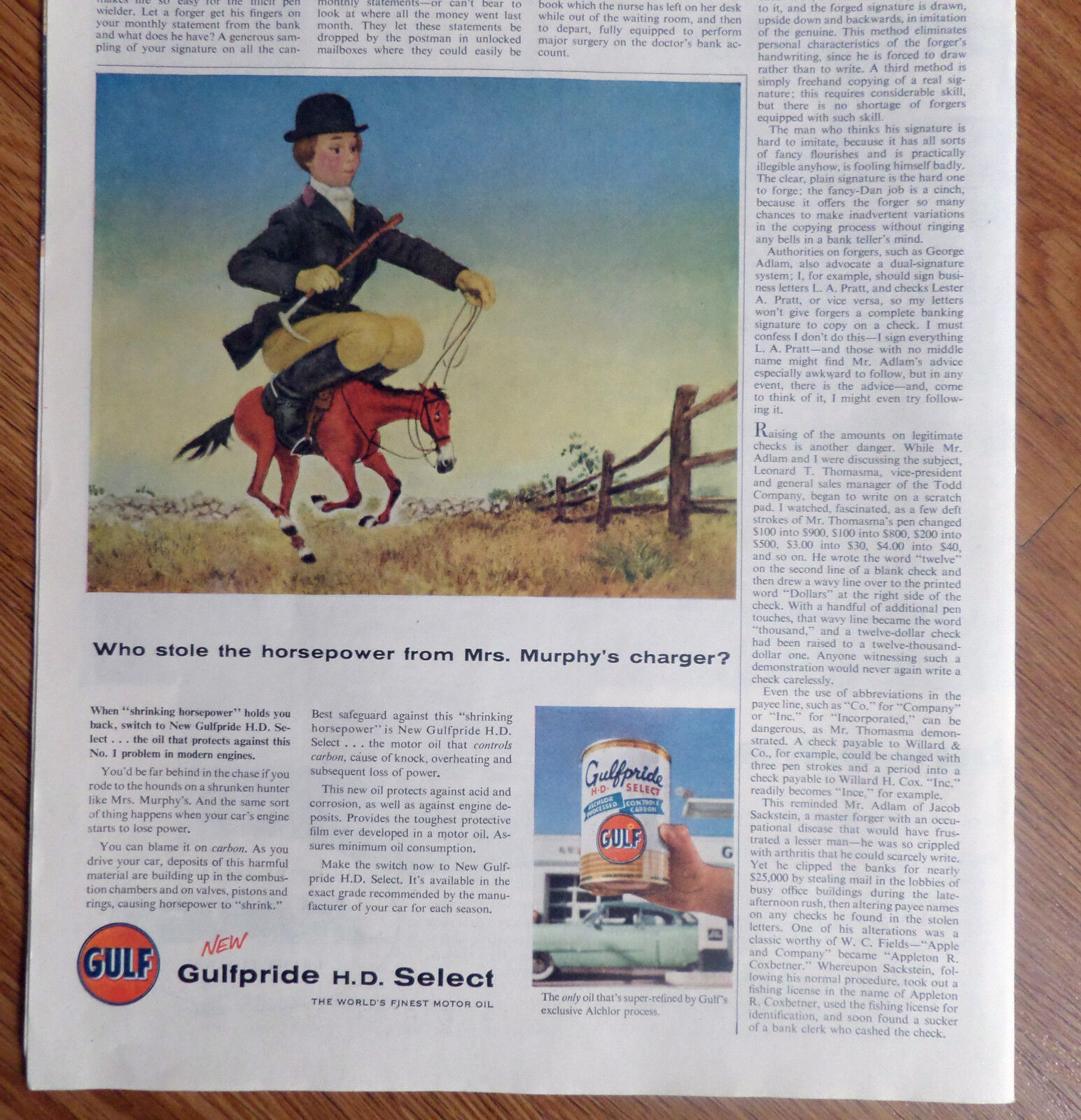 1956 Gulf Gulfpride H D Select Oil Ad Who Stole Horsepower Mrs Murphy\'s Charger?