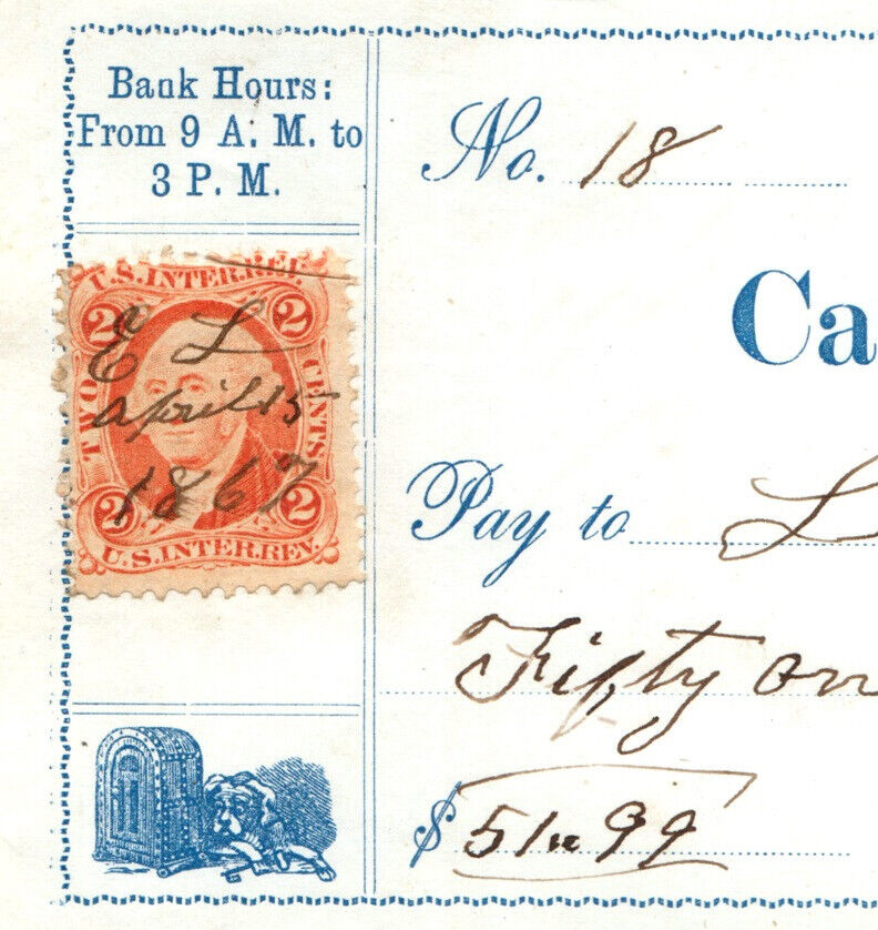 Carlisle Pennsylvania Deposit Bank Antique Check With Revenue Stamp 1867 