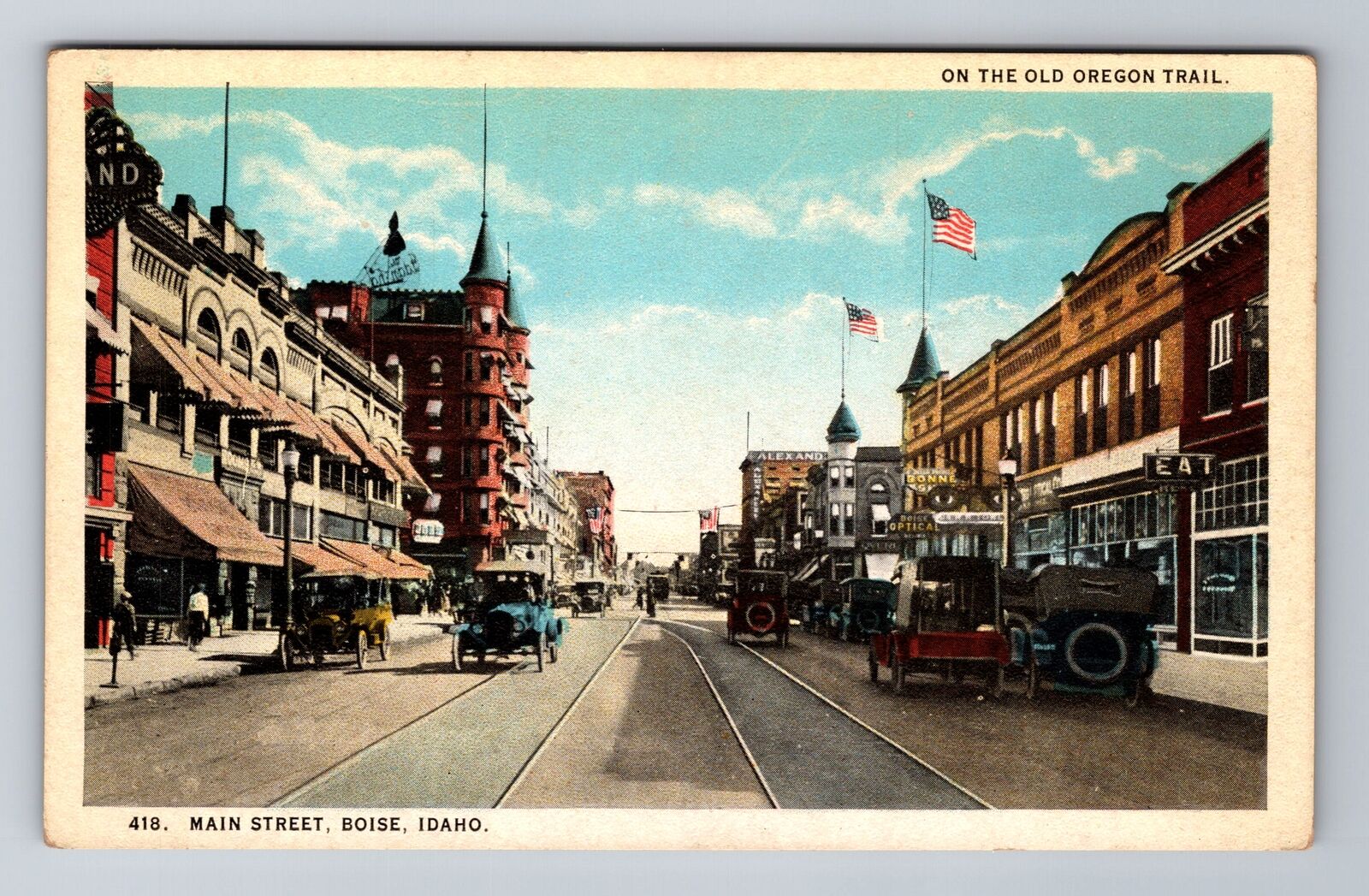 Boise ID-Idaho, Main Street, Old Oregon Trail, Antique Vintage Souvenir Postcard