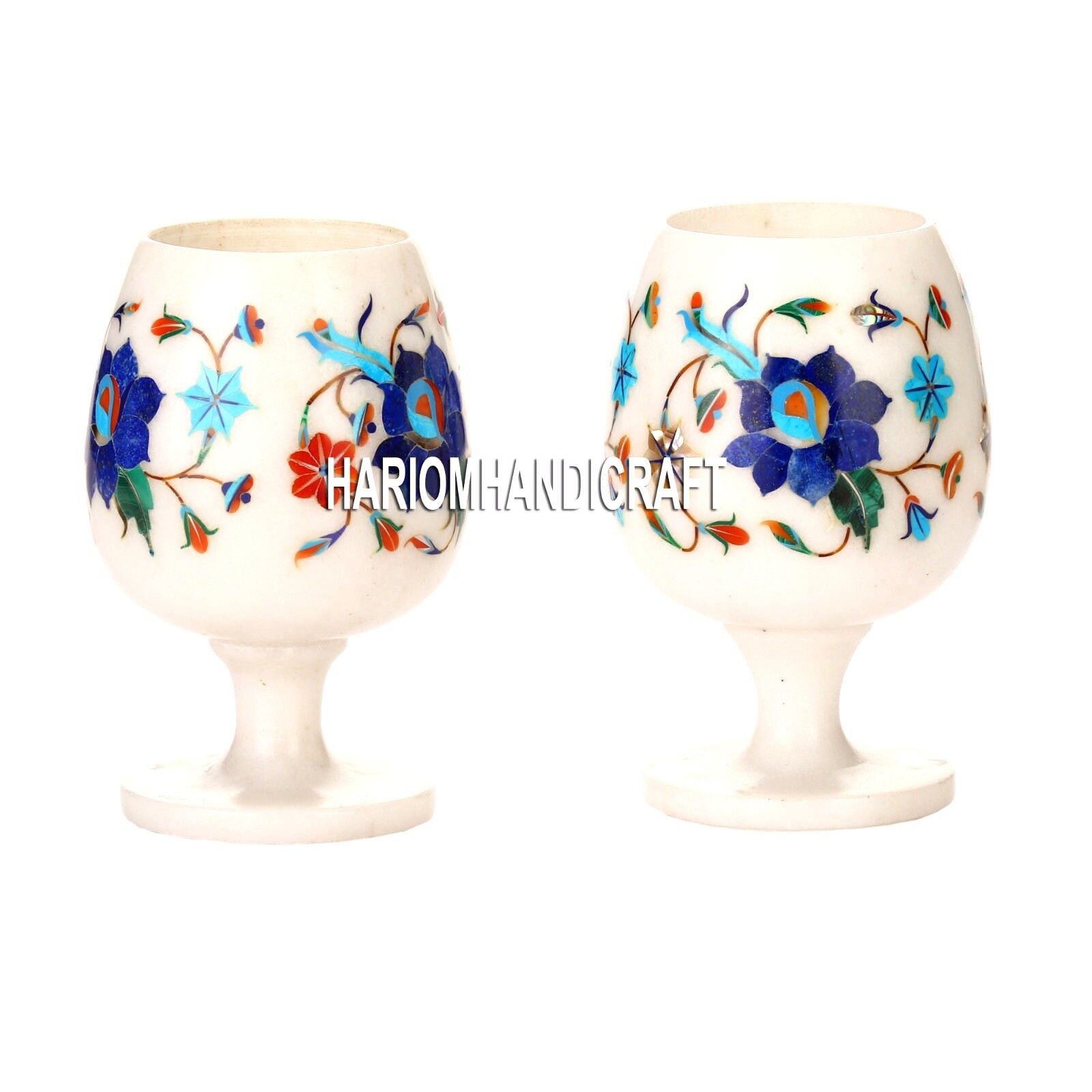 White Marble Lapis Floral Stone Wine Glass Mosaic Inlay Casino Glass Decor H3666