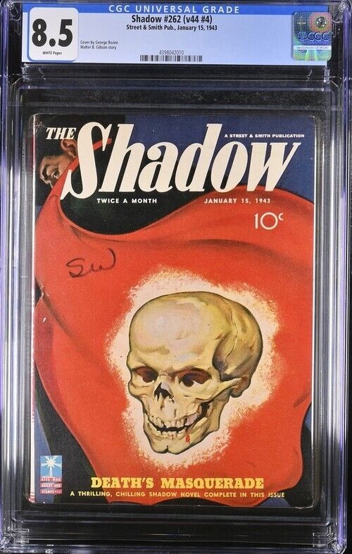 Shadow 1943 January 15, #262. CGC 8.5 VF+ white paper. Skull cover.    Pulp