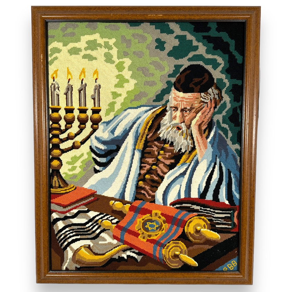 Rabbi Needlepoint Torah Menorah Meditation Jewish Vintage Framed Art 23” x 28.5\
