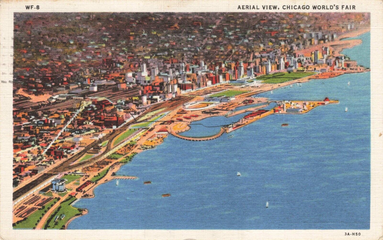 Postcard IL 1933 Chicago World\'s Fair Aerial View Lake Michigan Boats Shoreline