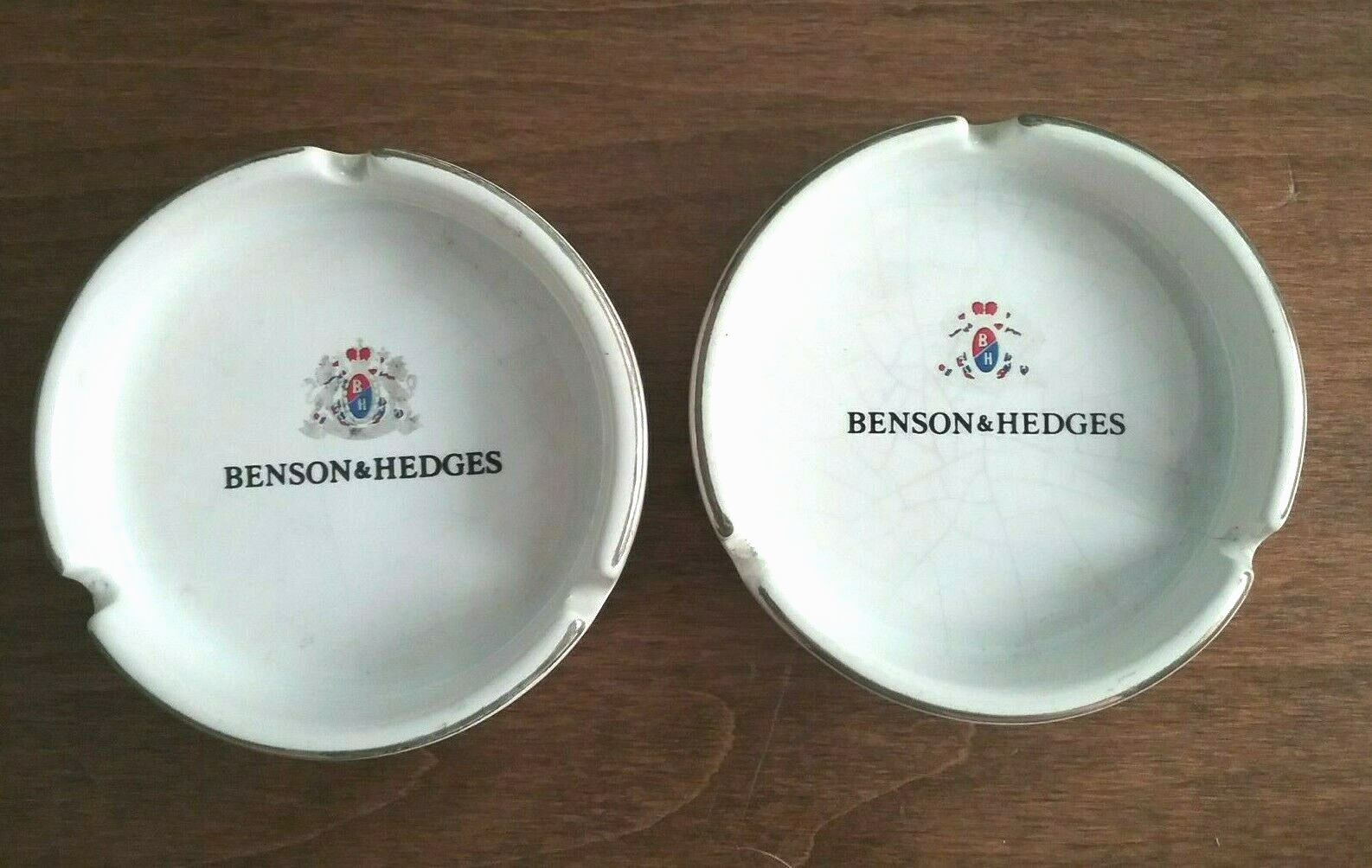Vtg Pair of Benson & Hedges Ceramic Ashtrays Seal Gold Crest Cigarette Smoke