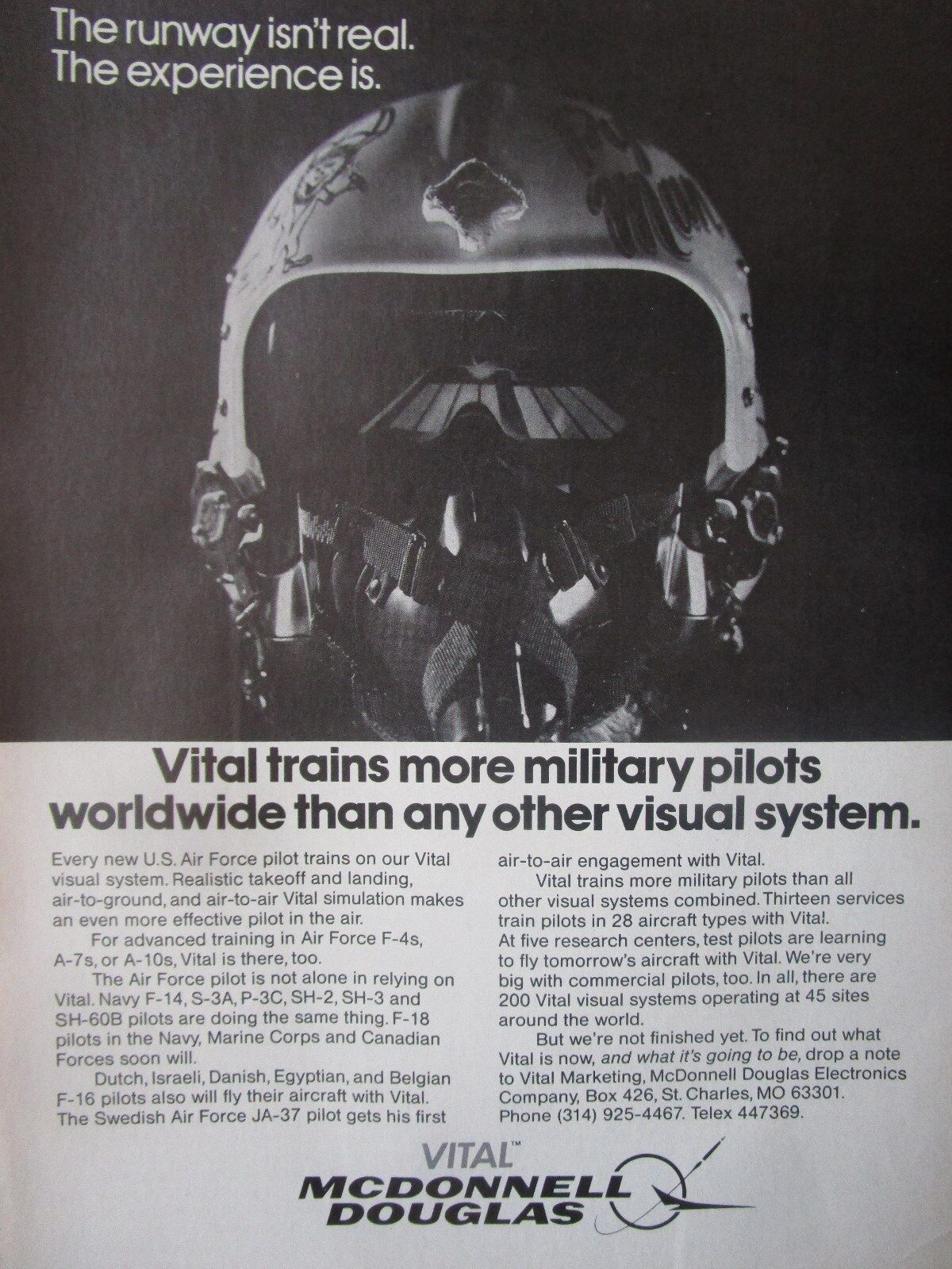 4/1982 PUB MCDONNELL DOUGLAS VITAL VISUAL SIMULATOR SYSTEM HELMET USAF PILOT AD