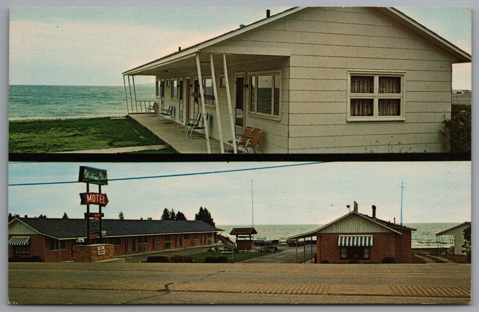 St Ignace MI Wishing Well Motel Neon Sign Lake Huron c1962 Postcard Dual View