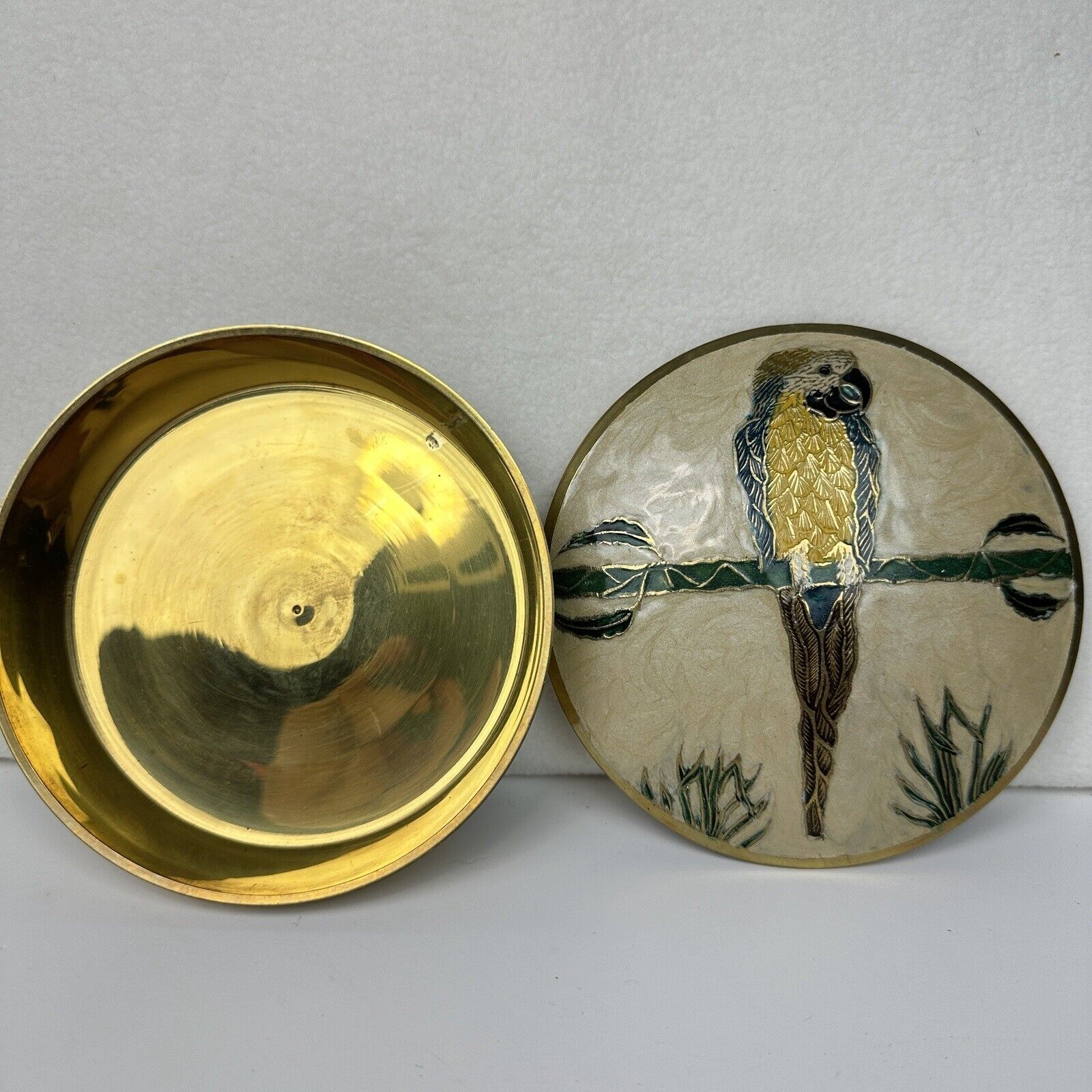 Trinket Dish Parrot Colorful Brass w/ Lid Round Home Decor Vtg Jewelry Box India