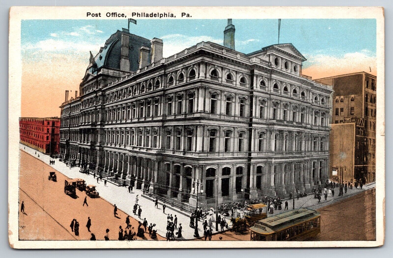 Vintage Postcard PA Philadelphia Post Office Crowds Trolley -6272