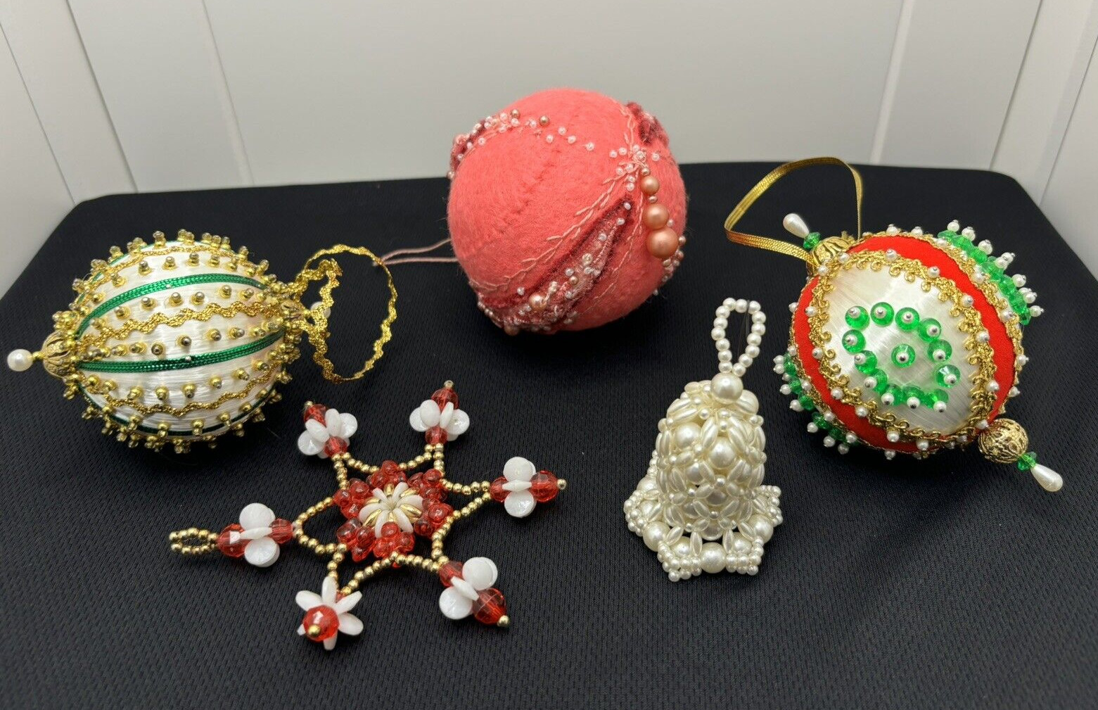 Mixed Lot of 5 Handmade, Beaded or Felted Wool  Vintage Christmas Ornaments 