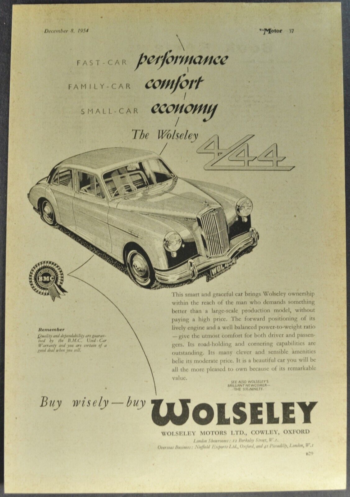 1955 Wolseley Magazine Ad 4/44 Saloon Sedan Nice Original 55