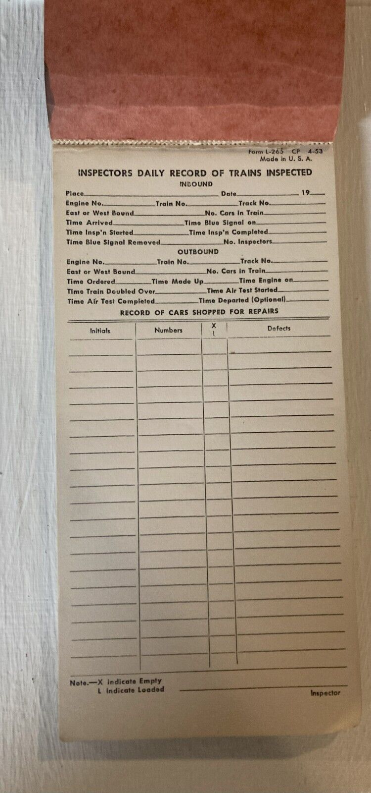 Vintage Railway Co. Station Record of Trains Inspected Form Booklet--RARE