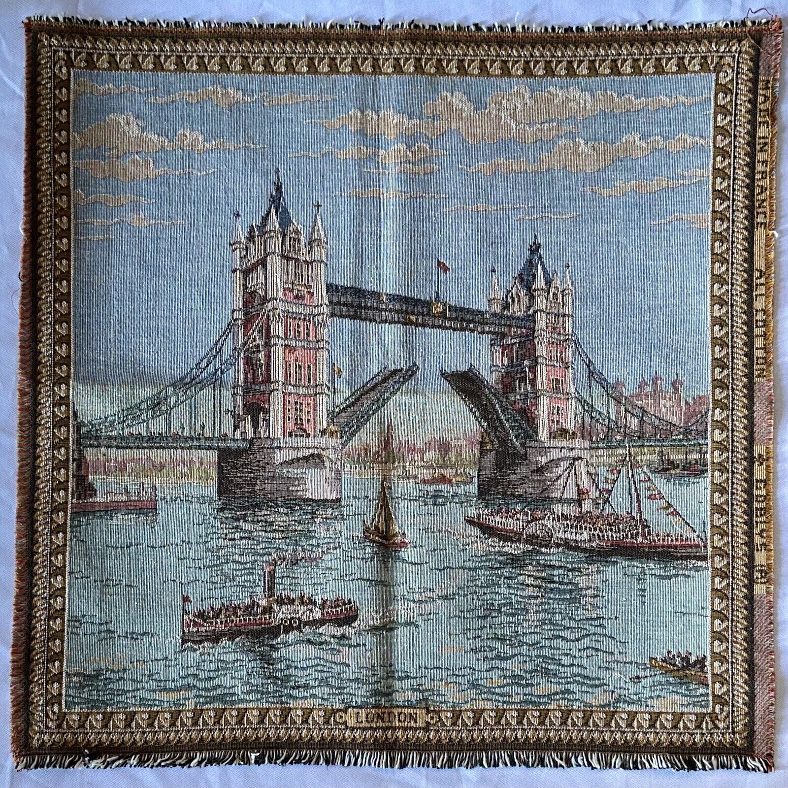 Vintage GOBLYS France Cotton Tapestry London Tower Bridge Thames Boats Travel