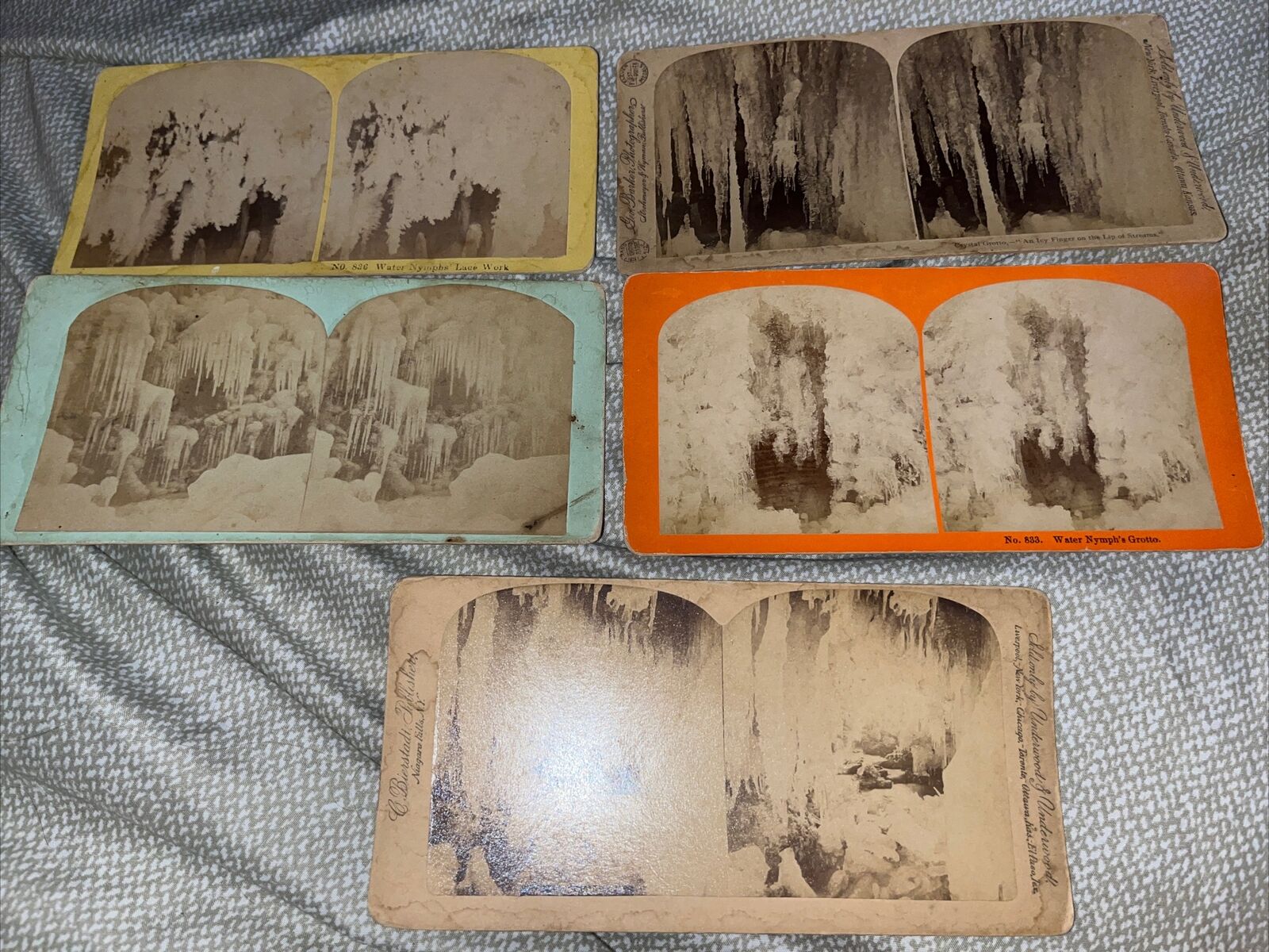 5 Antique Stereoview Card Photos: Water Nymph’s Grotto Crystal Lace Ice Work