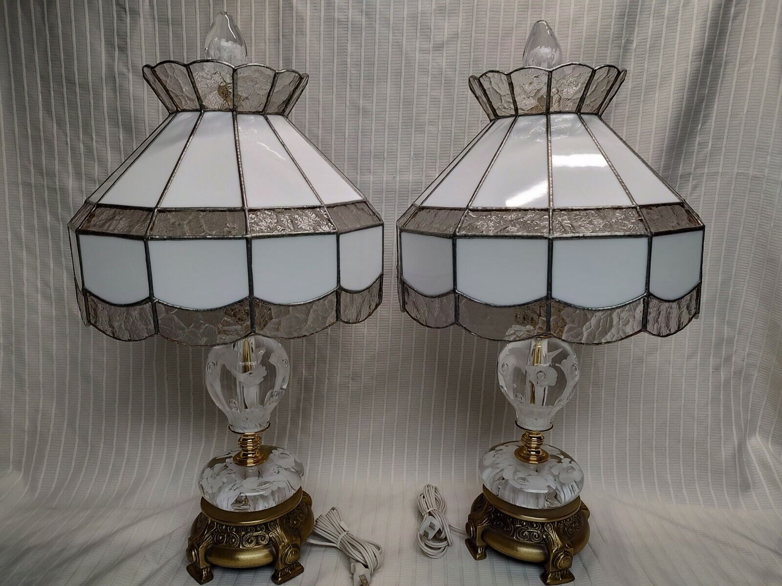 Gorgeous Pair of Paperweight Lamps Signed Joe Rice w/Original Leaded Shades