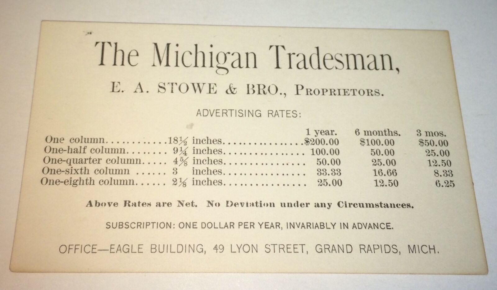 Rare Antique Victorian American Michigan Tradesman News Advertising Trade Card