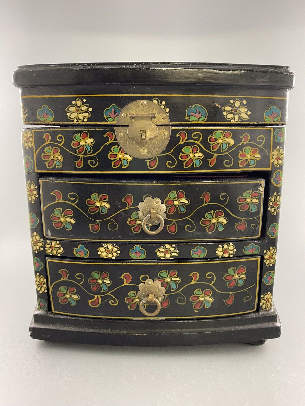 Vintage 7.5” Tall Chinese Painted Jewelry Chest Drawer Painted Black Lacquer